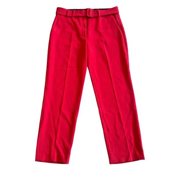 Theory Lavzin Red Modern Crepe Pants Straight Leg Belt Luxury Size 6 Women's - Picture 1 of 11